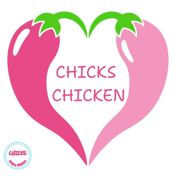 Chicks Chicken logo with two pink chili peppers forming a heart shape.